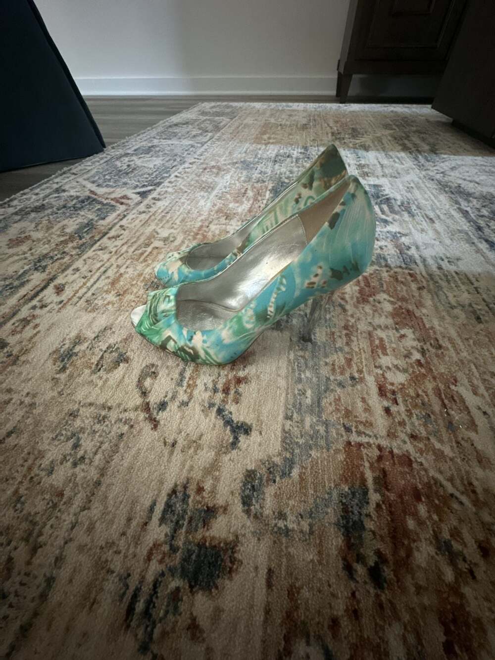 Aldo Blue and Green Patterned Peep Toe Stiletto Heels